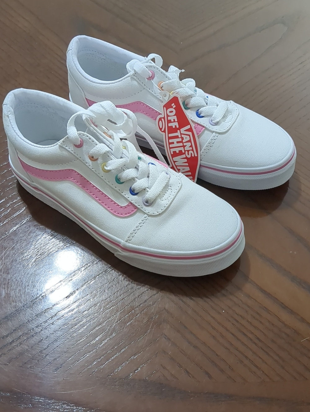 Vans Kids White Canvas Sneakers with Pink Side Stripe and Rainbow Eyelets
